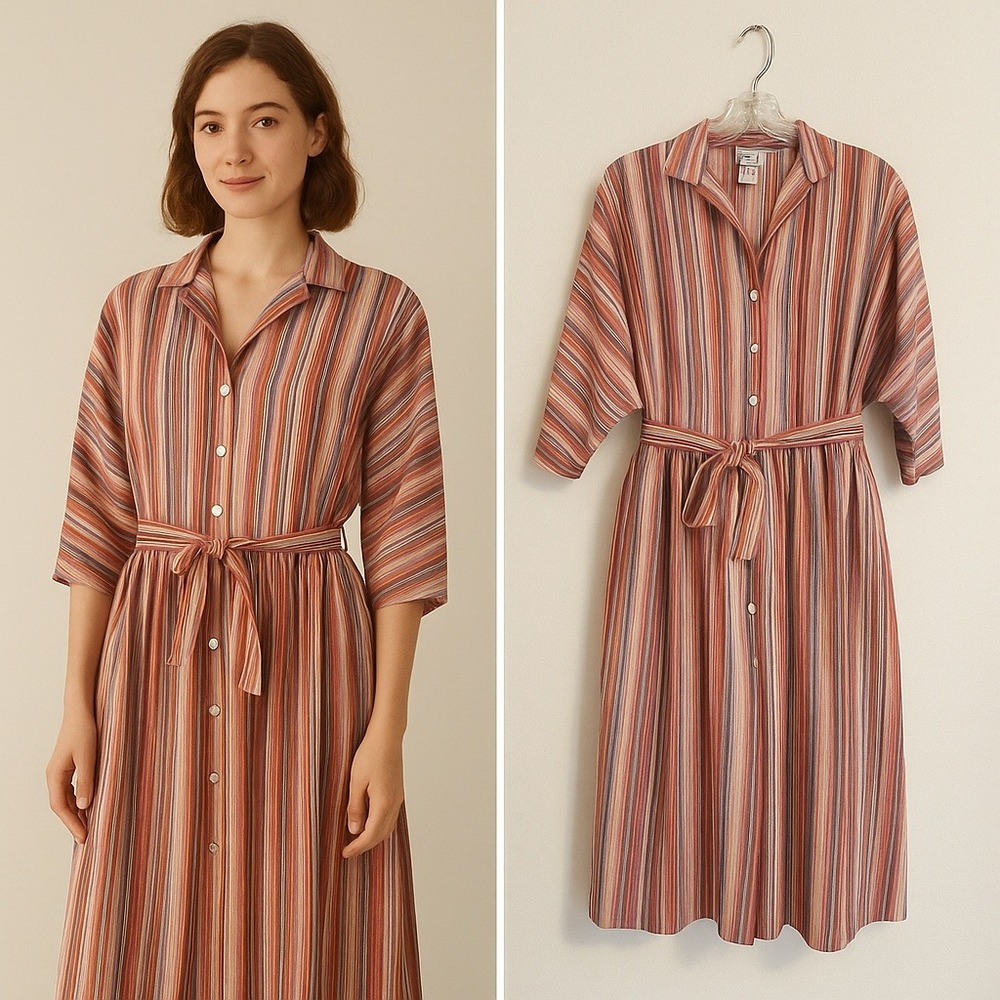 Vintage B Altman & Co Striped Midi Dress Collared Button Front Belted 12‎